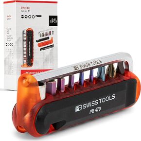 PB Swiss Tools Bike Multitool PB 470 | 100% Swiss Made | Pocket Tool with Bits, Allen Key, Steel Adapter, Tire Lever for Mountain and Road Bike, Bicycle, E-Bike