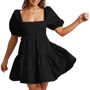 Shy Velvet Women's Casual Party Mini Summer Dresses Square Neck Short Bubble Sleeve Babydoll Dress