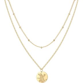 PENLYU Set of 2 Layered Necklaces, Satellite Chain, Gold Birth Flower Necklace, Coin Pendant Necklace, Birthday Gifts
