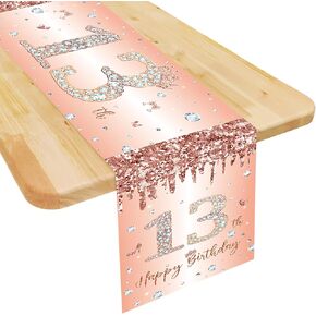 13th Birthday Table Runner for Girls Her Rose Gold Happy 13th Birthday Table Runner 13 Years Old Birthday Celebration Party Decorations Non-Slip Dining Table Linen Cover Cloth Decor, 72 Inches Long
