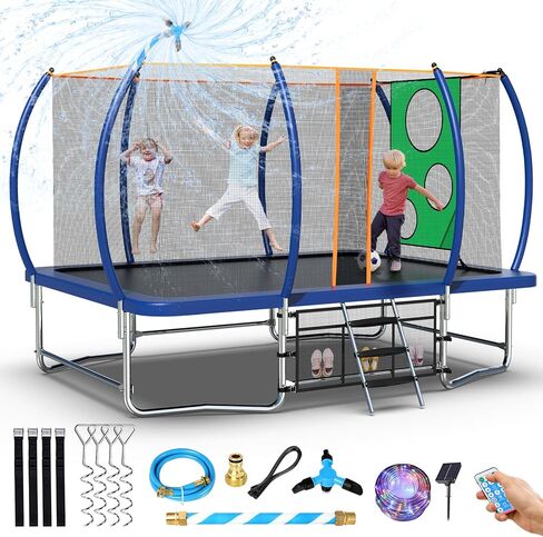 Tatub 8x14 Ft Rectangle Trampoline for Kids and Adults, Outdoor Trampoline with Stakes, Light, Sprinkler, Soccer Ball, Trampoline with Net, Backyard Trampoline for 3-5 Adults and Kids in Kuwait