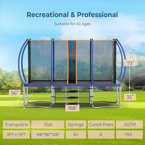 Tatub 8x14 Ft Rectangle Trampoline for Kids and Adults, Outdoor Trampoline with Stakes, Light, Sprinkler, Soccer Ball, Trampoline with Net, Backyard Trampoline for 3-5 Adults and Kids in Kuwait