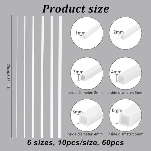 OLYCRAFT 60Pcs ABS Plastic Model Tubes Square Hollow Tube Solid Rods 9.8 inch Plastic Round Bar Rods 1mm 2mm 3mm 4mm 5mm 6mm Connector Plastic Rod for DIY Crafts Sand Table Architectural Model Making in Saudi Arabia