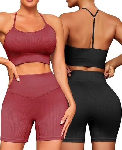 أطقم ملابس للتمرين من FINETOO للنساء مكونة من 4 قطع حمالة صدر رياضية بدون ظهر بدون خياطة عالية الخصر وقصيرة لممارسة اليوجا والصالة الرياضية ومجموعة نشطة متطابقة in Kuwait