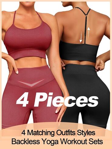 أطقم ملابس للتمرين من FINETOO للنساء مكونة من 4 قطع حمالة صدر رياضية بدون ظهر بدون خياطة عالية الخصر وقصيرة لممارسة اليوجا والصالة الرياضية ومجموعة نشطة متطابقة in Kuwait