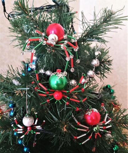 10 pcs Christmas Spider Ornament Kit | Spider Ornaments for Christmas Tree | Christmas Spider | Christmas Tree Ornaments | Christmas Decorations | Beaded Glass Spiders (10 pcs) in Kuwait