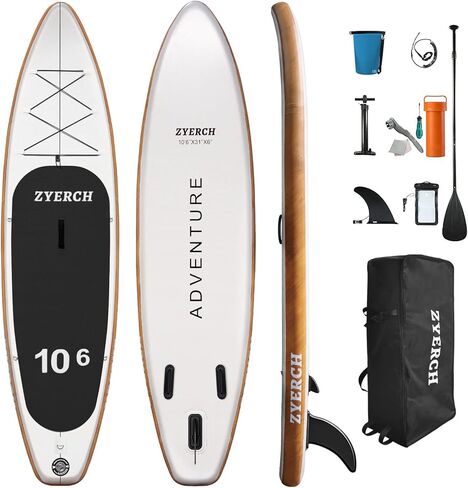 Zyerch Inflatable Stand Up Paddle Board with Floating Paddle, Accessories of Backpack, Double-Action Hand Pump, All-Around SUP for Yoga,Fishing,Tour-10'6" (Black) in Kuwait