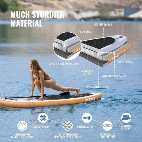 Zyerch Inflatable Stand Up Paddle Board with Floating Paddle, Accessories of Backpack, Double-Action Hand Pump, All-Around SUP for Yoga,Fishing,Tour-10'6" (Black) in Kuwait