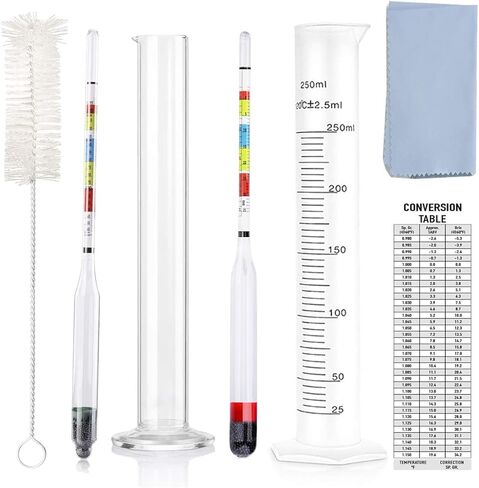 مقياس كثافة السوائل لبيرة المشروب المنزلية، مقياس كثافة الماء ثلاثي النطاق لمستلزمات أدوات اختبار صنع كومبوتشا النبيذ، الجاذبية النوعية، مقياس كثافة السوائل للبيرة وABV وجرة الاختبار (مجموعتان) in Kuwait