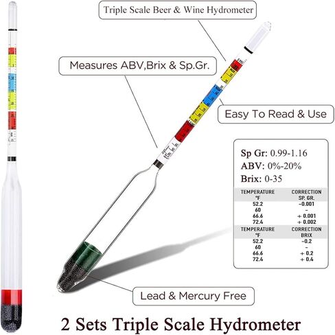 مقياس كثافة السوائل لبيرة المشروب المنزلية، مقياس كثافة الماء ثلاثي النطاق لمستلزمات أدوات اختبار صنع كومبوتشا النبيذ، الجاذبية النوعية، مقياس كثافة السوائل للبيرة وABV وجرة الاختبار (مجموعتان) in Kuwait