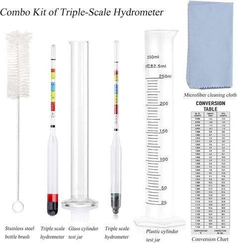 مقياس كثافة السوائل لبيرة المشروب المنزلية، مقياس كثافة الماء ثلاثي النطاق لمستلزمات أدوات اختبار صنع كومبوتشا النبيذ، الجاذبية النوعية، مقياس كثافة السوائل للبيرة وABV وجرة الاختبار (مجموعتان) in Kuwait