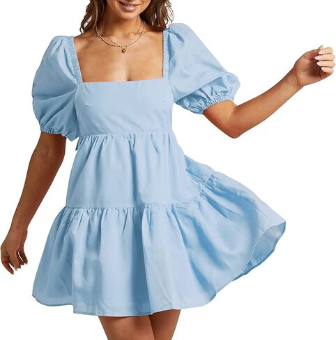 Shy Velvet Women's Casual Party Mini Summer Dresses Square Neck Short Bubble Sleeve Babydoll Dress in Saudi Arabia
