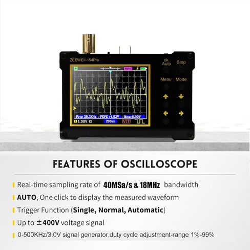 Sutlumisi 2 in 1 Handheld Oscilloscope Signal Generator, 154 Pro 2.4" Digital Automotive Oscilloscope Kit, 40MSa/s Sampling Rate 18MHz Bandwidth, 0-500KHz Adjustable Signal Generator, with 10X Probe in Kuwait