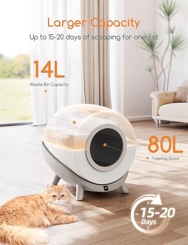 صندوق فضلات القطط للتنظيف الذاتي من MeoWant، صندوق فضلات القطط الأوتوماتيكي الكبير جدًا سعة 80 لتر+14 لتر لمضاعفة القطط مع التحكم الذكي في التطبيقات/حماية السلامة/2.4 جيجا واي فاي/عزل الرائحة، يشمل أكياس القمامة وحصيرة in Kuwait