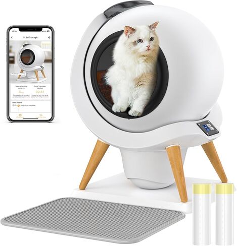 HoneyGuaridan Self Cleaning Cat Litter Box Automatic Cat Litter Box, APP Control Health Monitoring for Multiple Cats, Anti-Pinch/Odor-Removal Design, Dual Power Supply, with 2 Rolls Garbage Bags/Mats in Kuwait