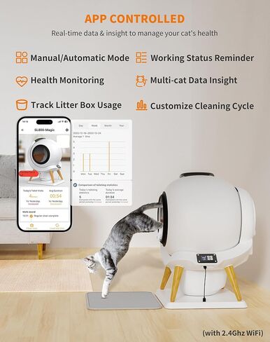 HoneyGuaridan Self Cleaning Cat Litter Box Automatic Cat Litter Box, APP Control Health Monitoring for Multiple Cats, Anti-Pinch/Odor-Removal Design, Dual Power Supply, with 2 Rolls Garbage Bags/Mats in Kuwait