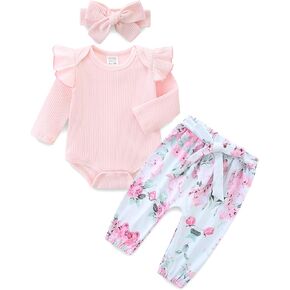Infant Girl Clothes Long Sleeve Ruffle Bodysuit Floral Pants Bow Headband Sets Fall Winter Spring Outfits in Saudi Arabia