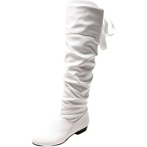 Knee High Boots Women with Bow Over the Knee FlatS Boots with Bow Tie, Fashion PU Leather Square Toe, Lace Up Chunky Low Heels for Winter Fall in Saudi Arabia