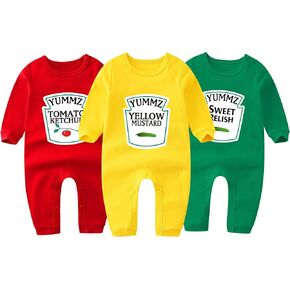 Baby Triplets Bodysuit Yummz Tomato Ketchup Yellow Mustard Sweet Relish Twins Baby Girl Romper Hat Set in Kuwait