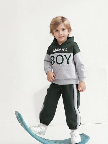 مجموعة ملابس خريفية مكونة من قطعتين مكونة من بلوزة بقلنسوة وأحرف ملونة للأطفال الصغار وسروال طويل كاجوال in Kuwait