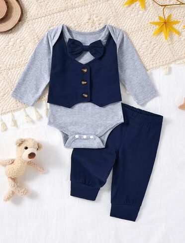 Baby Boy Clothes Gentleman Long Sleeve Romper Top and Pants Baby Boy Fall Winter Outfits 0-12M in Kuwait
