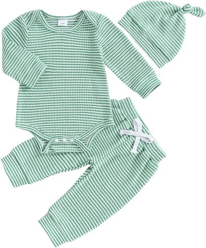 Murnouche Newborn Baby Boy Clothes 0 3 6 12 18 Months Ribbed Knitted Romper Pants with Hat Fall Winter Outfits in Kuwait