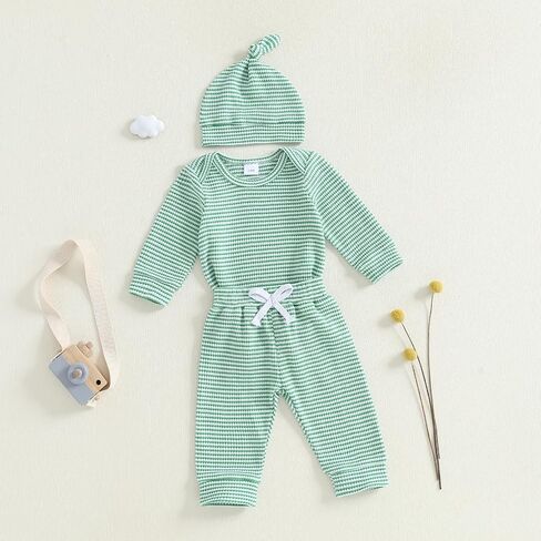 Murnouche Newborn Baby Boy Clothes 0 3 6 12 18 Months Ribbed Knitted Romper Pants with Hat Fall Winter Outfits in Kuwait
