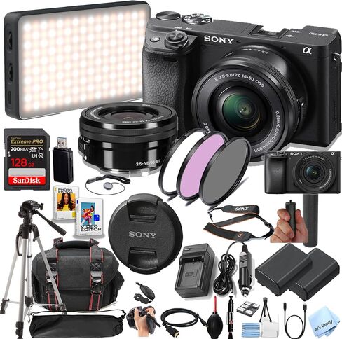 Sony a6400 Mirrorless Camera with 16-50mm Lens + 128GB Extreme Memory, Extra Battery, Filters, Case, Tripod, Software, and More (Content Creator Bundle) (Renewed) in Saudi Arabia
