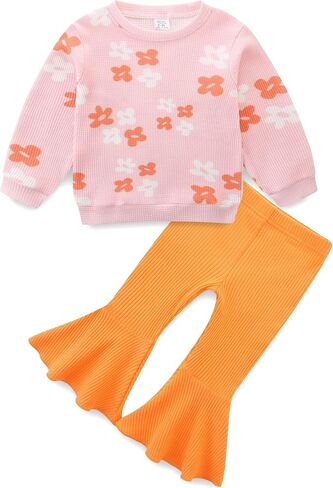 طفلة جرس قيعان وتتسابق الأزهار متماسكة Crewneck بلوزات وسراويل مضيئة مجموعة طفل 2 قطعة ملابس الخريف الشتاء in Kuwait