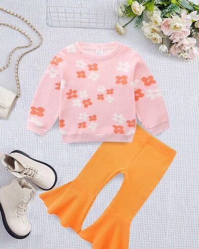 طفلة جرس قيعان وتتسابق الأزهار متماسكة Crewneck بلوزات وسراويل مضيئة مجموعة طفل 2 قطعة ملابس الخريف الشتاء in Kuwait