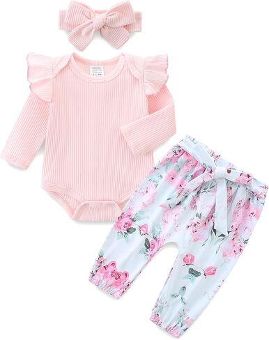 Infant Girl Clothes Long Sleeve Ruffle Bodysuit Floral Pants Bow Headband Sets Fall Winter Spring Outfits in Saudi Arabia