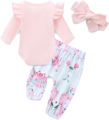 Infant Girl Clothes Long Sleeve Ruffle Bodysuit Floral Pants Bow Headband Sets Fall Winter Spring Outfits in Saudi Arabia