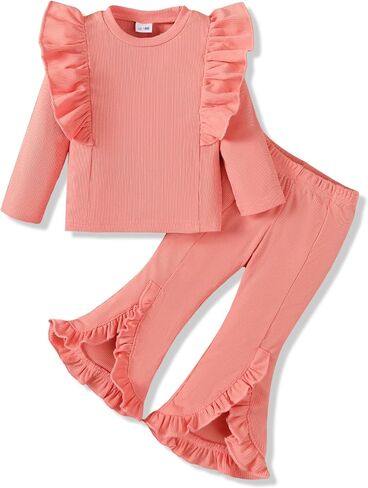 ملابس Jecson للفتيات الصغيرات: مجموعة ملابس قطنية ناعمة وبلوزات بأكمام مكشكشة وسراويل زهرية لطيفة للمنزل في الهواء الطلق 6M-6Y in Kuwait