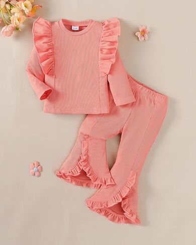 ملابس Jecson للفتيات الصغيرات: مجموعة ملابس قطنية ناعمة وبلوزات بأكمام مكشكشة وسراويل زهرية لطيفة للمنزل في الهواء الطلق 6M-6Y in Kuwait