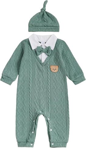 Newborn Baby Boy Fall Winter Outfit Bear Long Sleeve Sweater Romper Bowtie Jumpsuit One Piece Dress Clothes Hat in Saudi Arabia