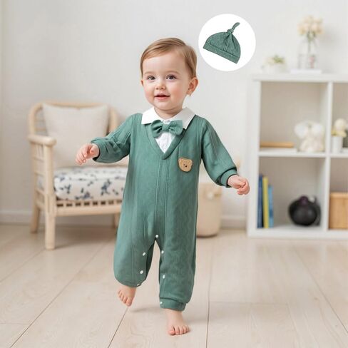 Newborn Baby Boy Fall Winter Outfit Bear Long Sleeve Sweater Romper Bowtie Jumpsuit One Piece Dress Clothes Hat in Saudi Arabia
