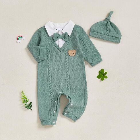 Newborn Baby Boy Fall Winter Outfit Bear Long Sleeve Sweater Romper Bowtie Jumpsuit One Piece Dress Clothes Hat in Saudi Arabia