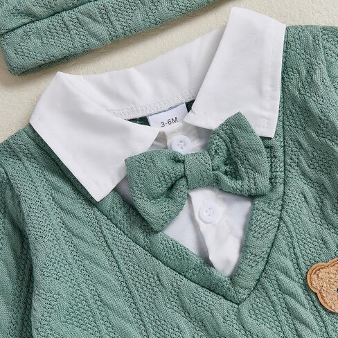 Newborn Baby Boy Fall Winter Outfit Bear Long Sleeve Sweater Romper Bowtie Jumpsuit One Piece Dress Clothes Hat in Saudi Arabia