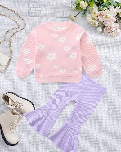 طفلة جرس قيعان وتتسابق الأزهار متماسكة Crewneck بلوزات وسراويل مضيئة مجموعة طفل 2 قطعة ملابس الخريف الشتاء in Kuwait