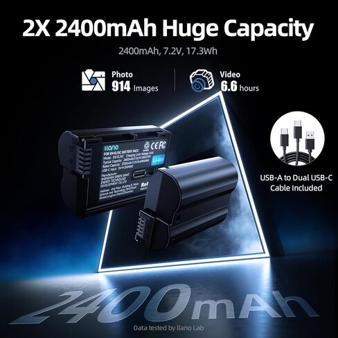 llano EN-EL15C Camera Power Set – 20W Dual-Port CNC Aluminum Fast Charger + 2× 2400mAh USB-C Rechargeable Batteries for Nikon Z8, Z6III, Z7II, Zf, D850, D750, D500, and More in Saudi Arabia