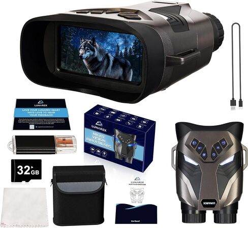نظارات الرؤية الليلية LUNAREX 4K للبالغين - مناظير رؤية ليلية رقمية مع تكبير رقمي 8X، بطاقة 32 جيجابايت، شاشة LCD 3 بوصات - نظارات الأشعة تحت الحمراء القابلة لإعادة الشحن بتصميم الذئب يمكنها حفظ فيديو الصور للتخييم والمشي لمسافات طويلة in Kuwait