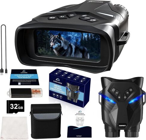 نظارات الرؤية الليلية LUNAREX 4K للبالغين - مناظير رؤية ليلية رقمية مع تكبير رقمي 8X، بطاقة 32 جيجابايت، شاشة LCD 3 بوصات - نظارات الأشعة تحت الحمراء القابلة لإعادة الشحن بتصميم الذئب يمكنها حفظ فيديو الصور للتخييم والمشي لمسافات طويلة in Kuwait