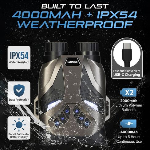 نظارات الرؤية الليلية LUNAREX 4K للبالغين - مناظير رؤية ليلية رقمية مع تكبير رقمي 8X، بطاقة 32 جيجابايت، شاشة LCD 3 بوصات - نظارات الأشعة تحت الحمراء القابلة لإعادة الشحن بتصميم الذئب يمكنها حفظ فيديو الصور للتخييم والمشي لمسافات طويلة in Kuwait