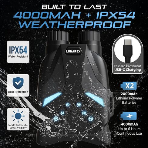 نظارات الرؤية الليلية LUNAREX 4K للبالغين - مناظير رؤية ليلية رقمية مع تكبير رقمي 8X، بطاقة 32 جيجابايت، شاشة LCD 3 بوصات - نظارات الأشعة تحت الحمراء القابلة لإعادة الشحن بتصميم الذئب يمكنها حفظ فيديو الصور للتخييم والمشي لمسافات طويلة in Kuwait