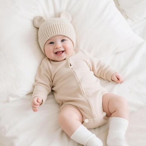 Hadetoto Cotton Baby Beanie Winter Knitted Hat with Bear Ear for Infant Toddler Boys Girls Soft Warm Skull Cap in Kuwait