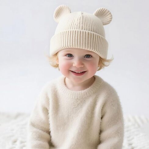Hadetoto Cotton Baby Beanie Winter Knitted Hat with Bear Ear for Infant Toddler Boys Girls Soft Warm Skull Cap in Kuwait