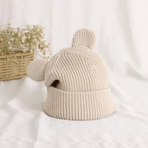 Hadetoto Cotton Baby Beanie Winter Knitted Hat with Bear Ear for Infant Toddler Boys Girls Soft Warm Skull Cap in Kuwait