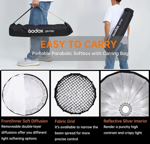 Godox Quick Release Parabolic Softbox,QR-P90 35.4"/90cm Portable Bowens Mount Soft Box with Honeycomb Grid,Carry Bag,Front/Inner Diffuser for Photography Studio Portrait Live Streaming Video Shooting in Saudi Arabia