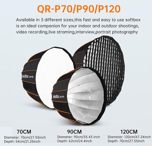 Godox Quick Release Parabolic Softbox,QR-P90 35.4"/90cm Portable Bowens Mount Soft Box with Honeycomb Grid,Carry Bag,Front/Inner Diffuser for Photography Studio Portrait Live Streaming Video Shooting in Saudi Arabia