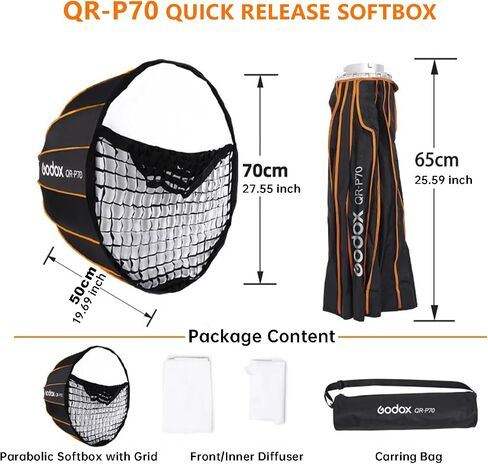 Godox Quick Release Parabolic Softbox,QR-P90 35.4"/90cm Portable Bowens Mount Soft Box with Honeycomb Grid,Carry Bag,Front/Inner Diffuser for Photography Studio Portrait Live Streaming Video Shooting in Saudi Arabia